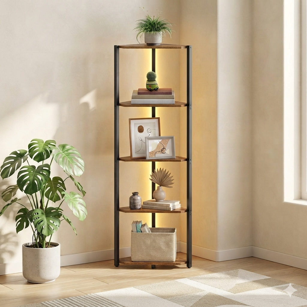 5-Tier Corner Shelf Stand with LED Lights - Industrial Corner Bookshelf, Tall Display Storage Rack with Steel Frame, Rustic Brown