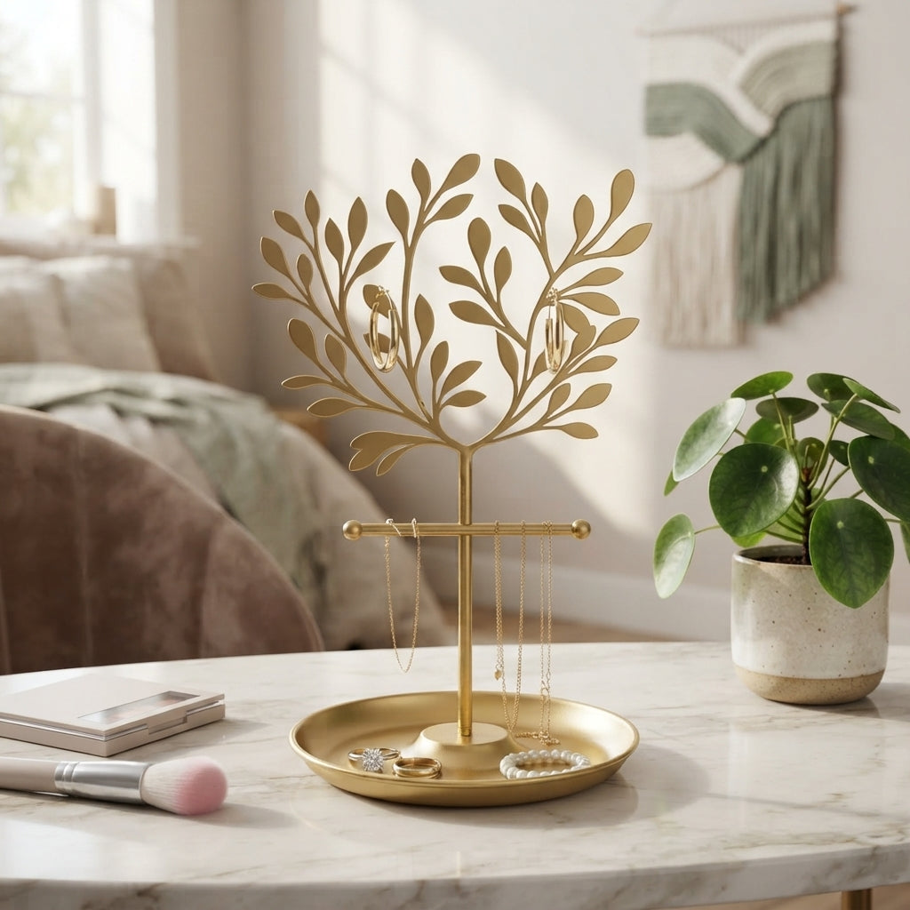 New Metal Jewelry Display Stand Tree - Decorative Earring Organizer Holder with Tray, Bracelet & Ring Storage Rack