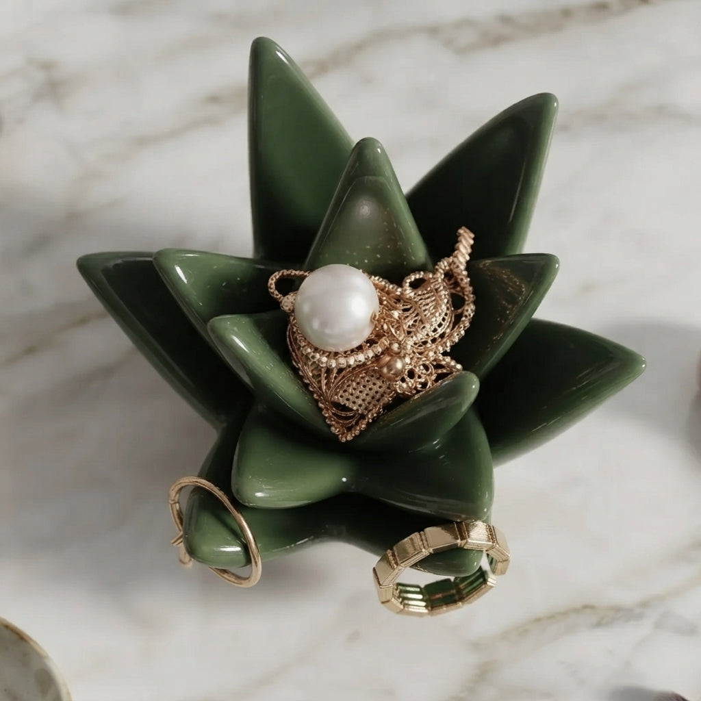 Agave Bloom Ceramic Jewelry Dish - Decorative Cactus Ring Holder & Earring Organizer