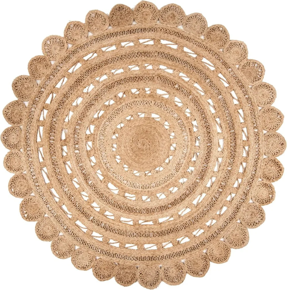 Handmade Boho Jute Area Rug - 4' Round, Natural, Durable for High Traffic Living Room, Bedroom