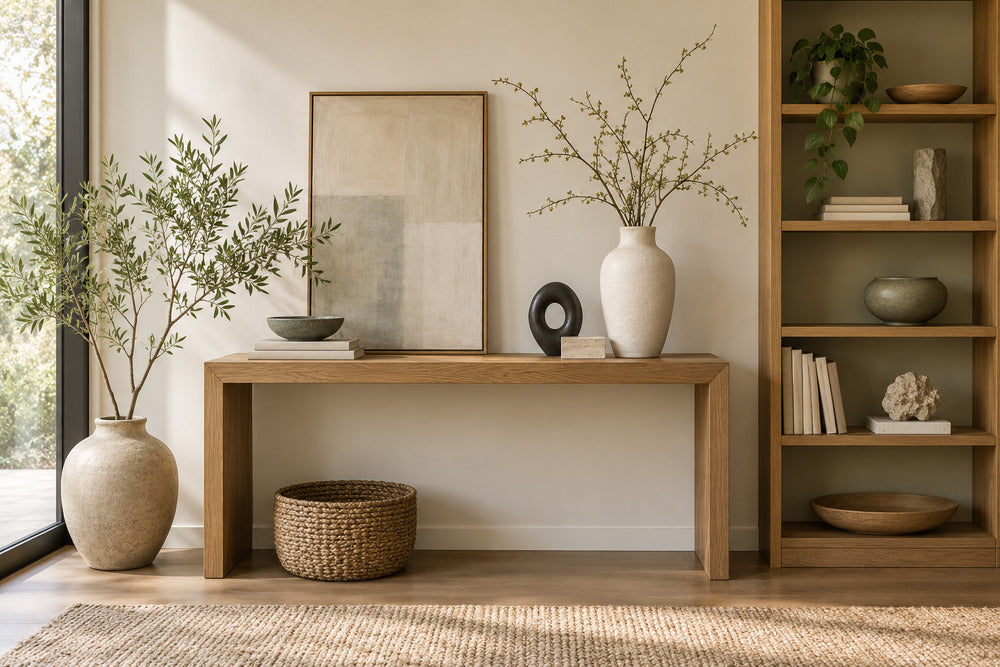 Balanced modern organic decorative accents on a console and open shelves