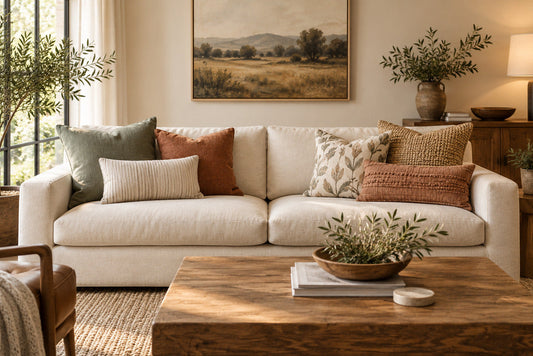 Layered decorative pillows in linen, woven and textured fabrics on a neutral sofa