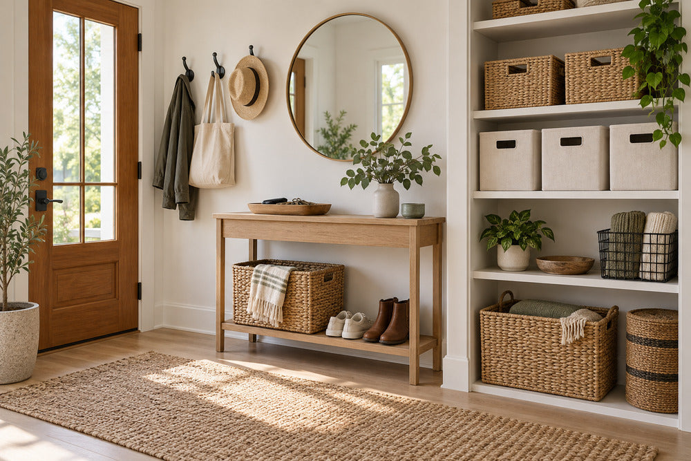 Organized modern organic entryway with baskets, hooks, shelves and daily essentials