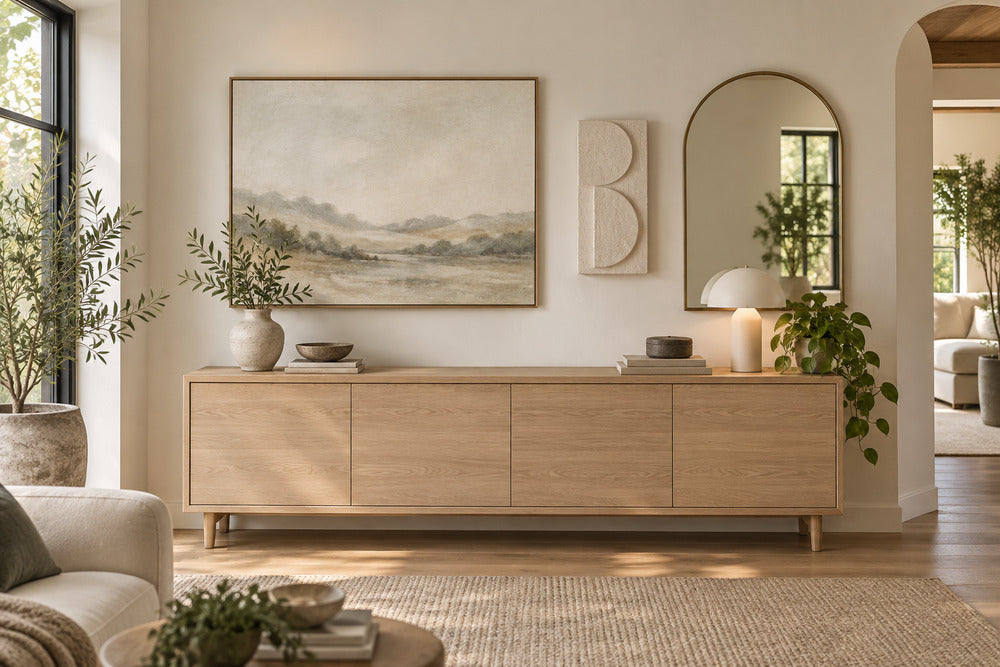Modern organic wall decor correctly scaled above a pale oak console