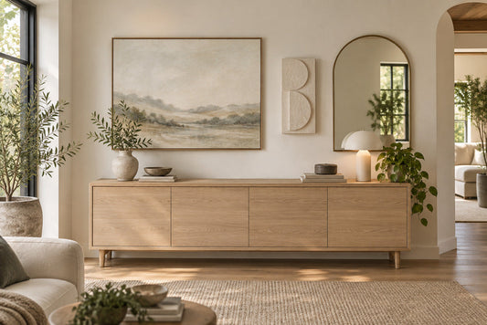 Modern organic wall decor correctly scaled above a pale oak console