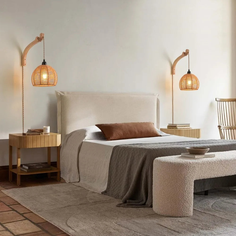 Plug in LED Rattan Wall Lamp Bedroom Living Room Woven Light Bedside Lamps E27 Retro Hemp Rope Light Home Decoration Fixtures
