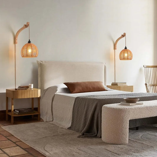 Plug in LED Rattan Wall Lamp Bedroom Living Room Woven Light Bedside Lamps E27 Retro Hemp Rope Light Home Decoration Fixtures