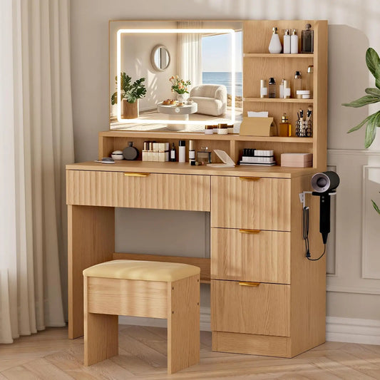White Vanity Desk Set with Smart LED Mirror & Charging Station,Cushioned Stool & 4 Drawers,34.1 Inch, Custom