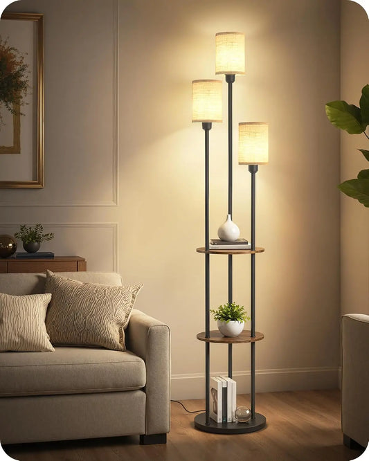 Modern Floor Lamp with Shelves, 3 Linen Shades & Foot Switch, Rustic Brown Beige for Living Room