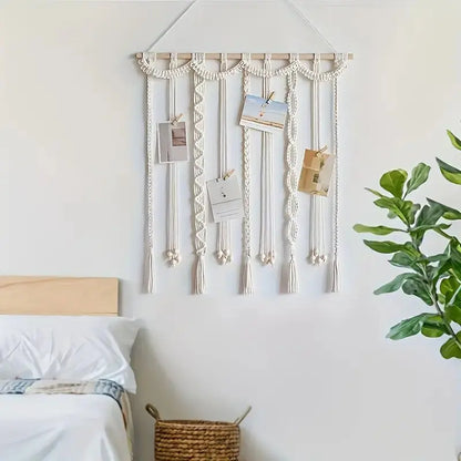 Boho Photo Display Clip Handmade Exquisite Tassel Wall Hanging Decoration Photograph Storage Tool with 20 Wooden Clips