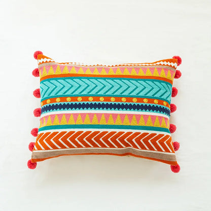 Boho Moroccan Tassel Throw Pillow Cover - Handmade Embroidered Cotton Cushion Cover with Geometric & Alpaca Designs