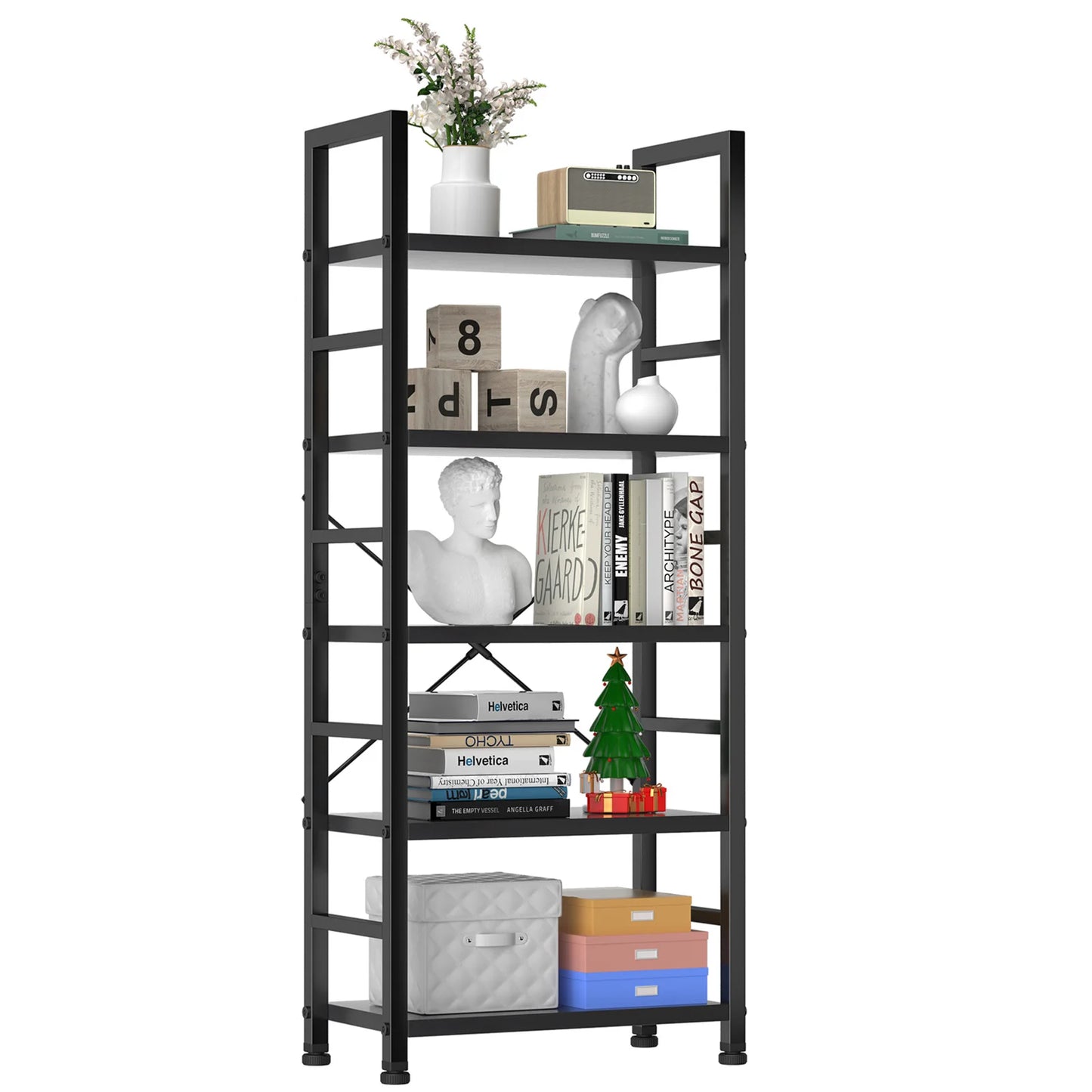 Wooden Storage Standing 5 Tiers Display Bookshelf Sturdy Structure Graduated Shelves Adjustable Feet for Living Room