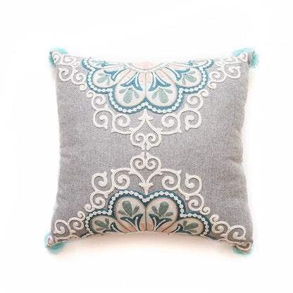 Boho Moroccan Tassel Throw Pillow Cover - Handmade Embroidered Cotton Cushion Cover with Geometric & Alpaca Designs