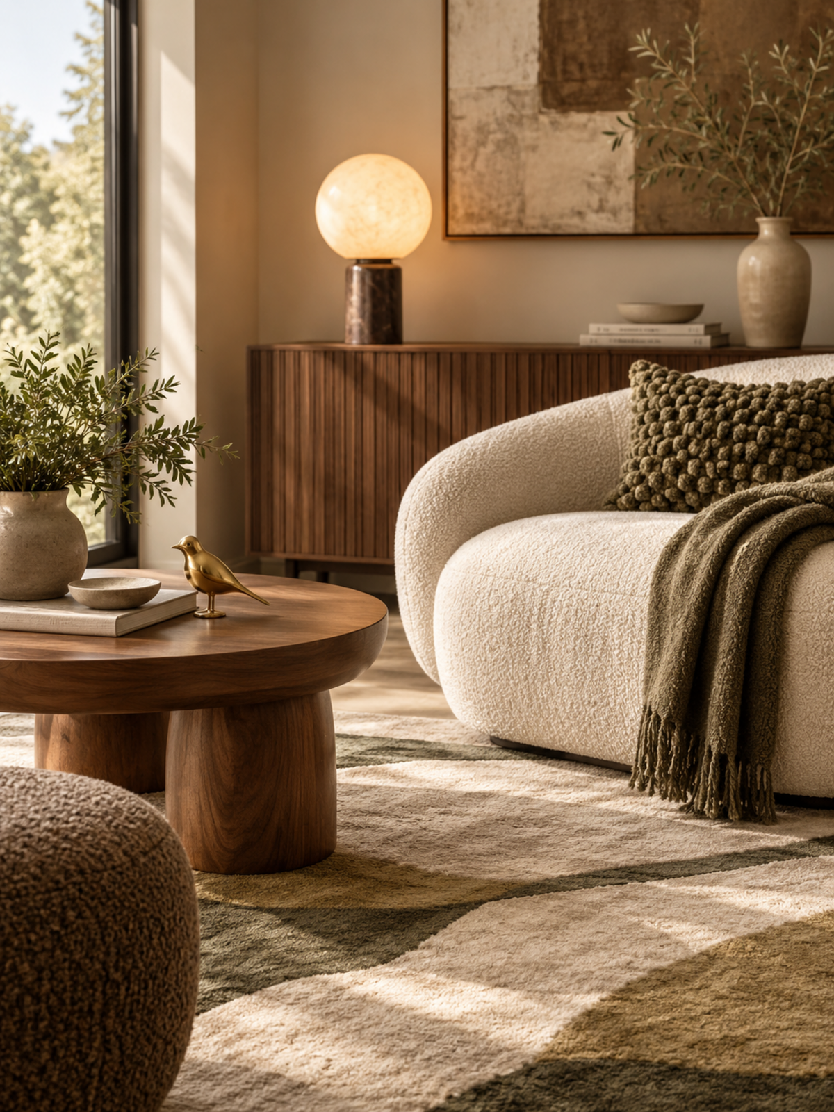 Warm contemporary living room with curved cream seating, sculptural globe lamp, abstract rug, tactile textiles, natural wood, and gold bird accent