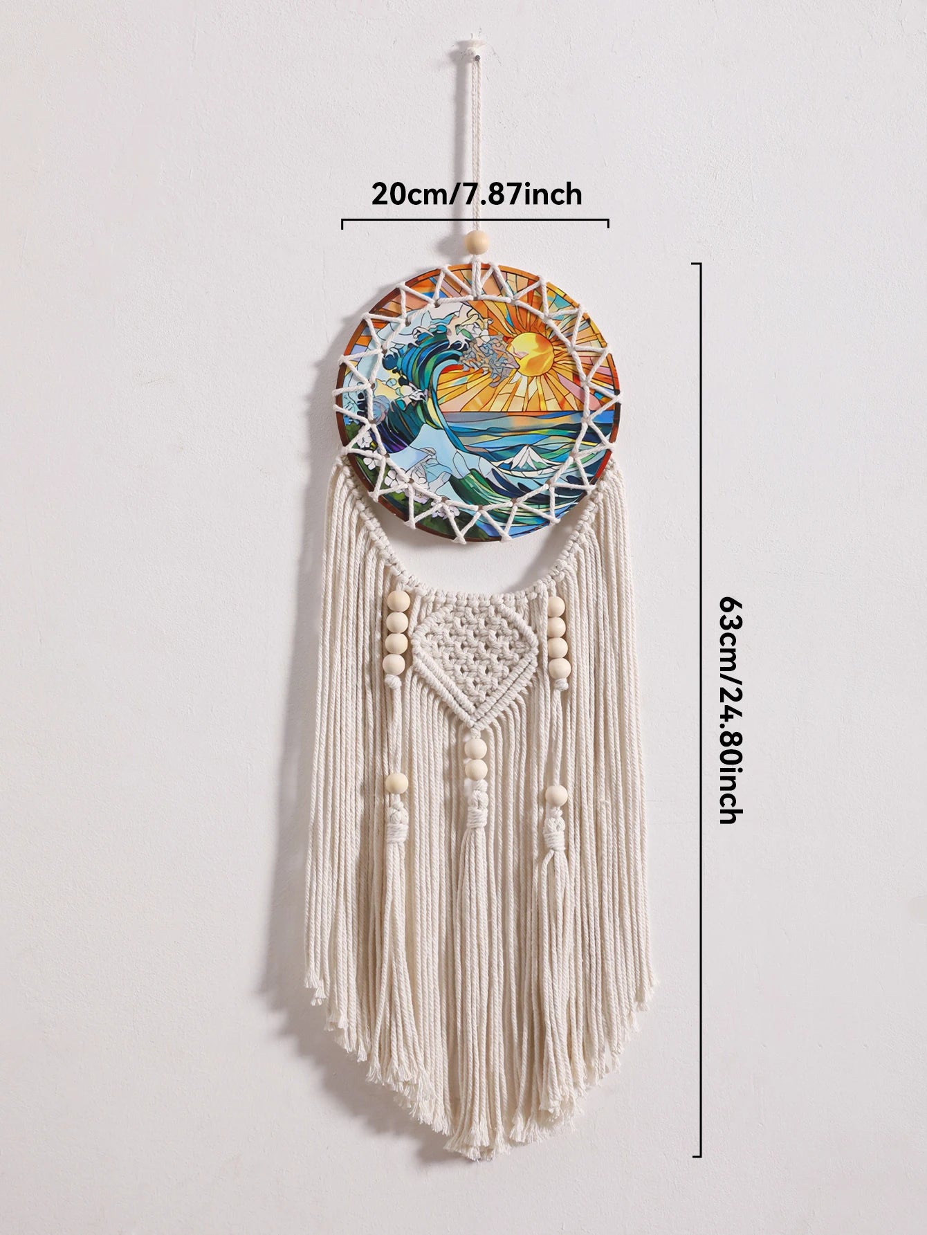 Boho Macrame Dreamcatcher Wall Hanging - Coastal Cotton Woven Tapestry with Sea Sunset Print, Bohemian Wall Decor for Bedroom, Beach House, or Dorm