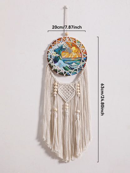 Boho Macrame Dreamcatcher Wall Hanging - Coastal Cotton Woven Tapestry with Sea Sunset Print, Bohemian Wall Decor for Bedroom, Beach House, or Dorm