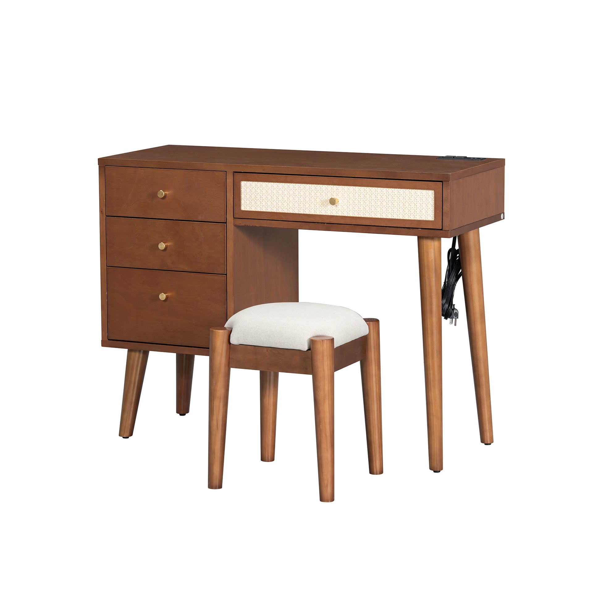 39 Retro Bohemian Style Wooden Makeup Vanity Set with Charging Plug&Usb Port and Stool, Dressing Table with 3 Storage Drawers and 1 Rectangular Rattan Drawer, Walnut