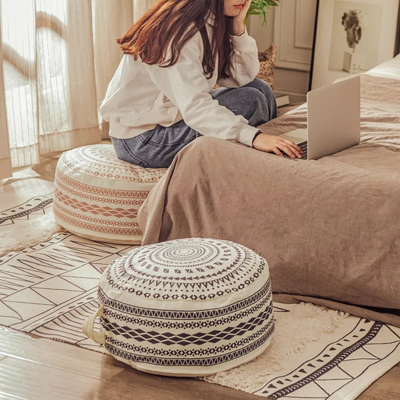 Boho Geometric Floor Pouf Cover - Unstuffed Cotton Blend Ottoman Tatami Meditation Cushion, Square Footstool Pouffe for Living Room (18x18x8 Inch)