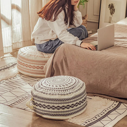 Boho Geometric Floor Pouf Cover - Unstuffed Cotton Blend Ottoman Tatami Meditation Cushion, Square Footstool Pouffe for Living Room (18x18x8 Inch)
