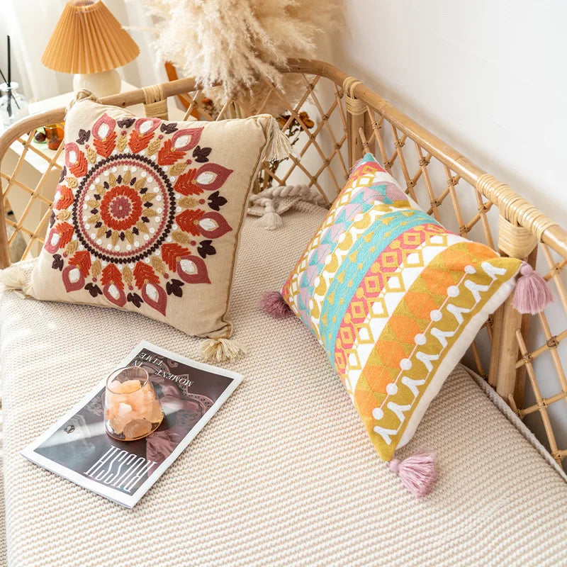 Boho Moroccan Tassel Throw Pillow Cover - Handmade Embroidered Cotton Cushion Cover with Geometric & Alpaca Designs
