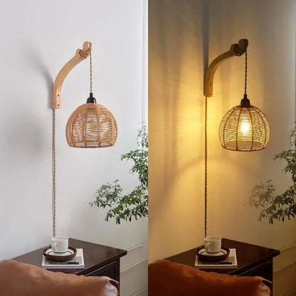 Plug in LED Rattan Wall Lamp Bedroom Living Room Woven Light Bedside Lamps E27 Retro Hemp Rope Light Home Decoration Fixtures