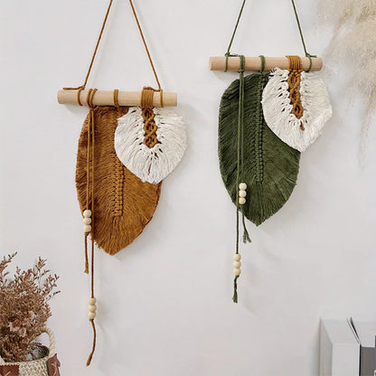 Large Macrame Leaf Wall Hanging - Handmade Boho Feather Woven Art Tapestry for Nursery, Bedroom, Living Room