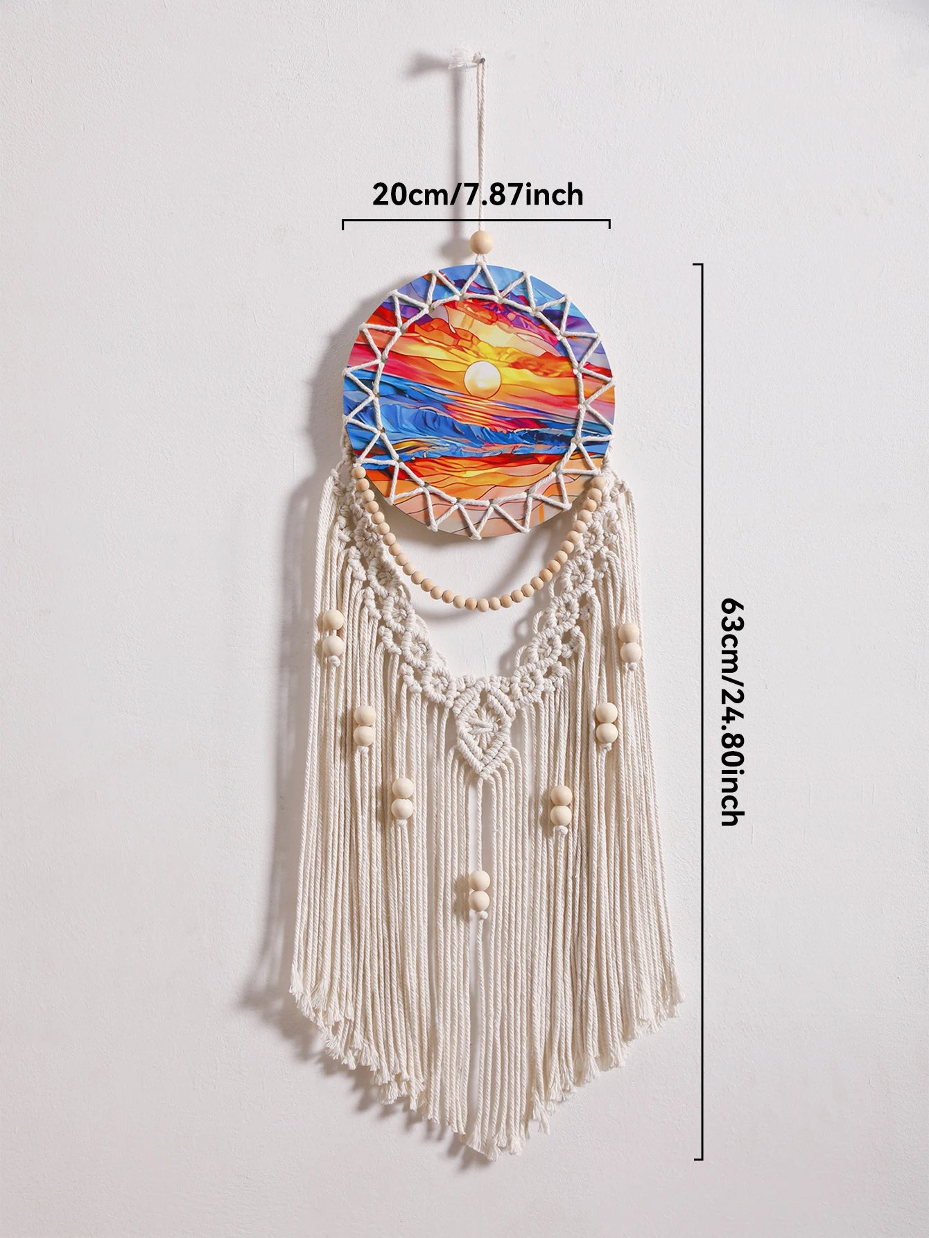 Boho Macrame Dreamcatcher Wall Hanging - Coastal Cotton Woven Tapestry with Sea Sunset Print, Bohemian Wall Decor for Bedroom, Beach House, or Dorm