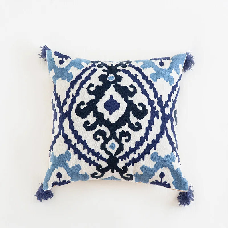 Boho Moroccan Tassel Throw Pillow Cover - Handmade Embroidered Cotton Cushion Cover with Geometric & Alpaca Designs