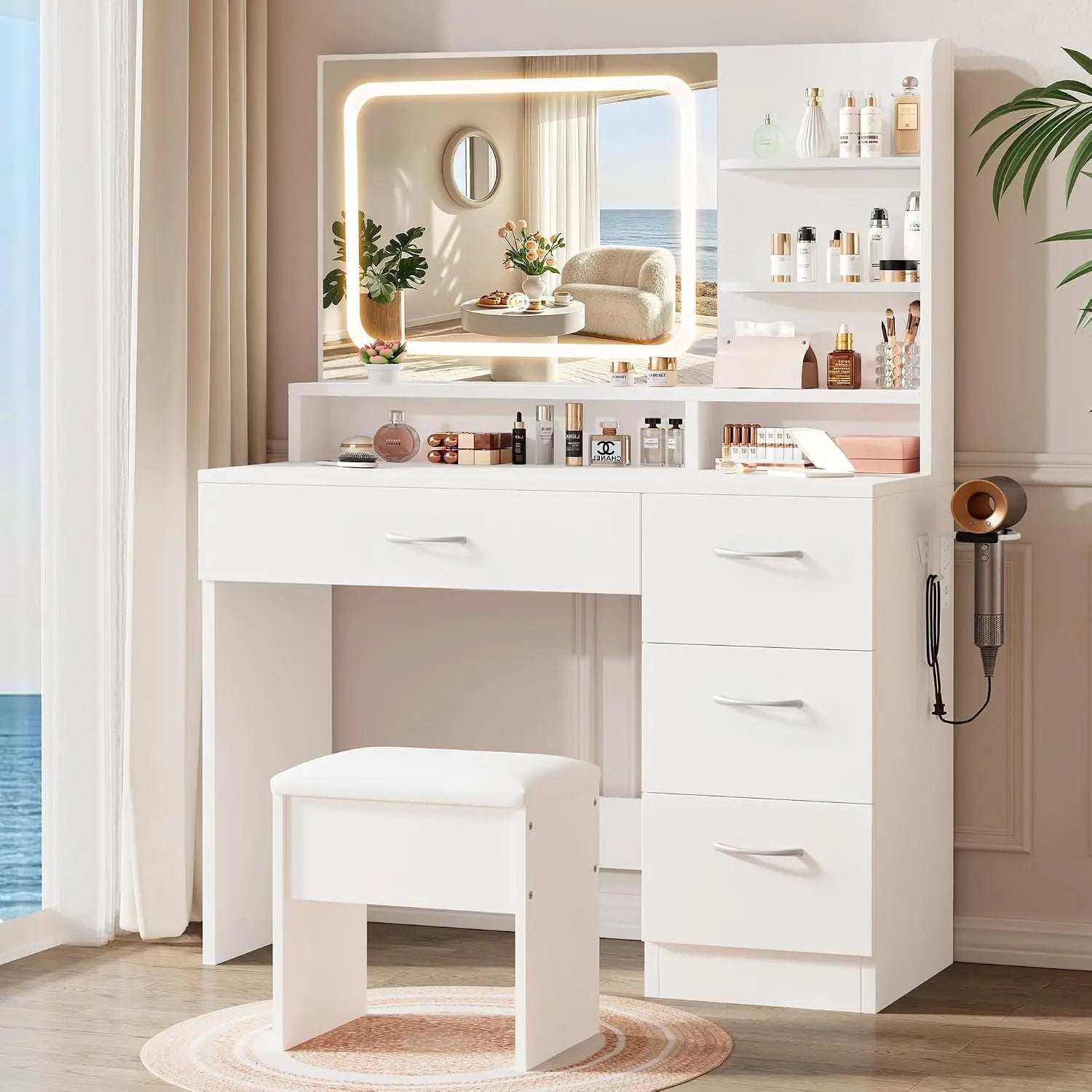 White Vanity Desk Set with Smart LED Mirror & Charging Station,Cushioned Stool & 4 Drawers,34.1 Inch, Custom