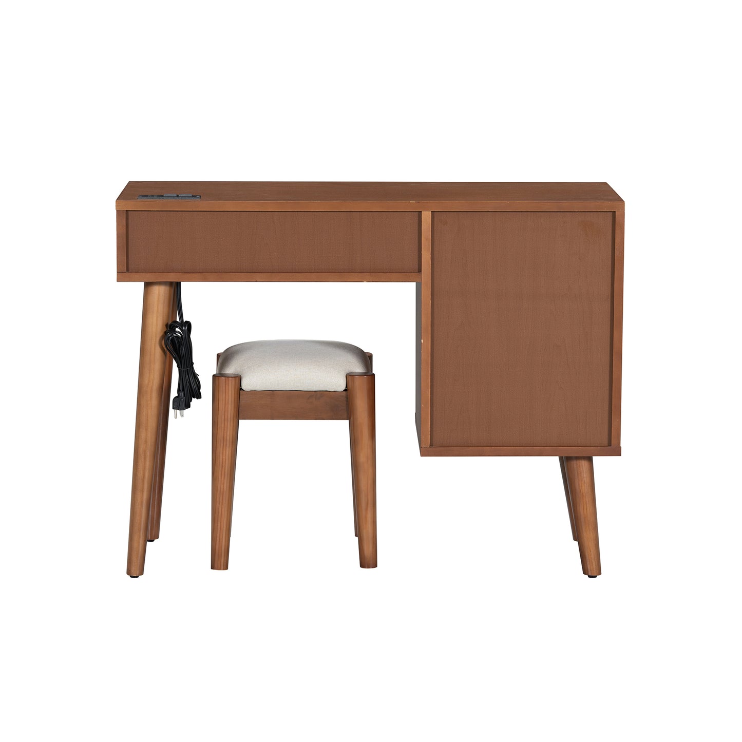 39 Retro Bohemian Style Wooden Makeup Vanity Set with Charging Plug&Usb Port and Stool, Dressing Table with 3 Storage Drawers and 1 Rectangular Rattan Drawer, Walnut