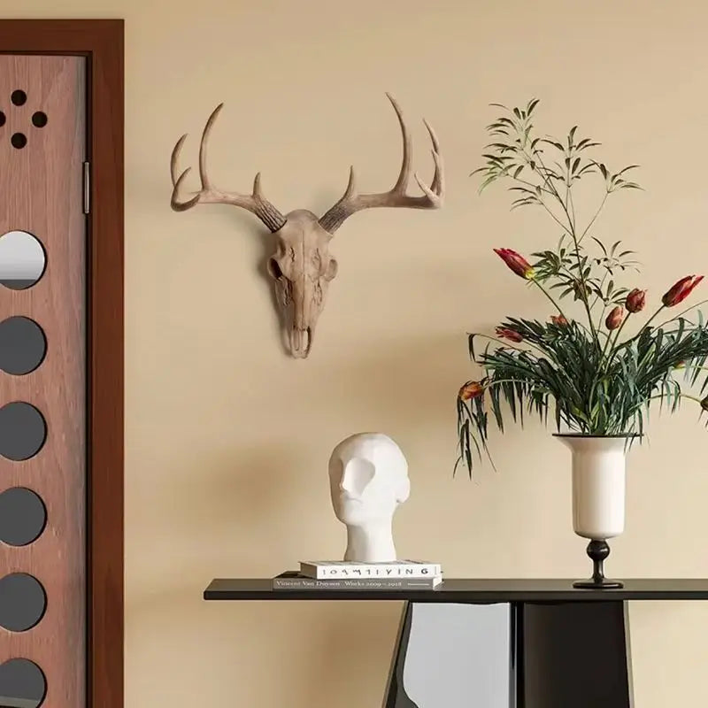 3D Nordic Resin Faux Deer Head Wall Mount - Rustic Antler Trophy Sculpture for Bedroom, Living Room, & Office Decor