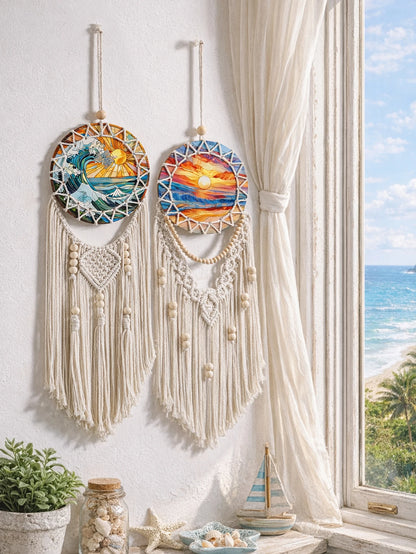 Boho Macrame Dreamcatcher Wall Hanging - Coastal Cotton Woven Tapestry with Sea Sunset Print, Bohemian Wall Decor for Bedroom, Beach House, or Dorm