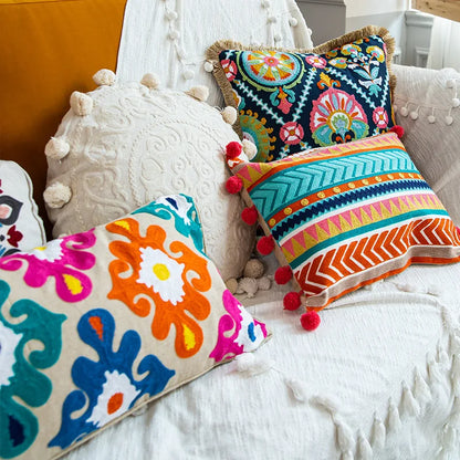 Boho Moroccan Tassel Throw Pillow Cover - Handmade Embroidered Cotton Cushion Cover with Geometric & Alpaca Designs