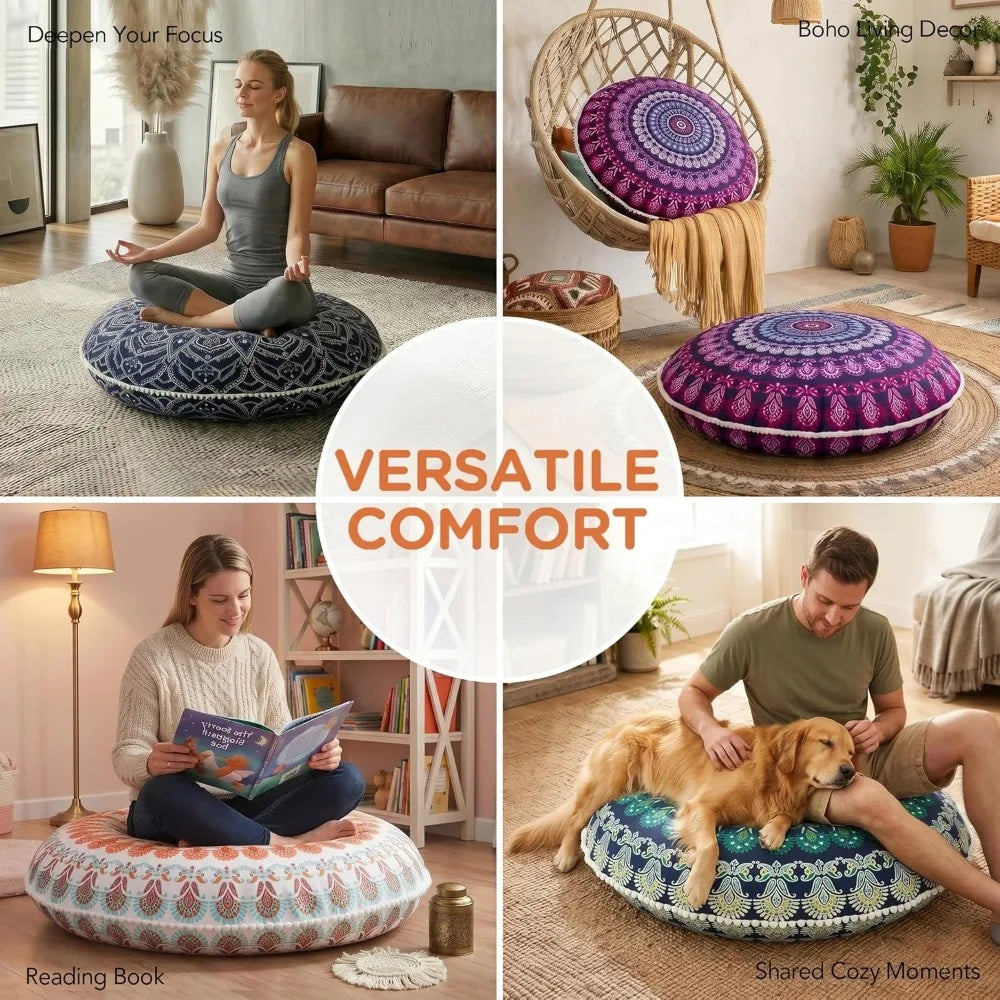 Set of 2 Boho Floor Pillows 32" – Memory Foam Meditation Cushions with Washable Covers, Large Mandala Floor Seating for Yoga, Living Room, Dorm