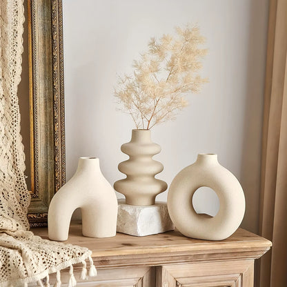 Bohemian Ceramic Vase Set - Modern Small Decorative Vases for Home Decor, Vases for Flowers, Living Room, Gifts (Set of 3)