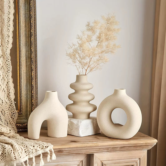 Bohemian Ceramic Vase Set - Modern Small Decorative Vases for Home Decor, Vases for Flowers, Living Room, Gifts (Set of 3)