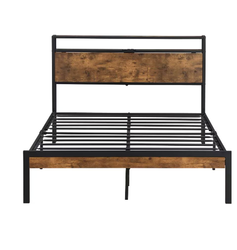 Queen Size Metal Platform Bed Frame with Wooden Headboard and Footboard with USB LINER
