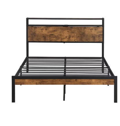 Queen Size Metal Platform Bed Frame with Wooden Headboard and Footboard with USB LINER