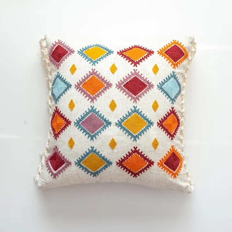 Boho Moroccan Tassel Throw Pillow Cover - Handmade Embroidered Cotton Cushion Cover with Geometric & Alpaca Designs