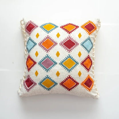 Boho Moroccan Tassel Throw Pillow Cover - Handmade Embroidered Cotton Cushion Cover with Geometric & Alpaca Designs