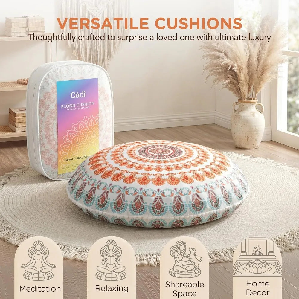 Set of 2 Boho Floor Pillows 32" – Memory Foam Meditation Cushions with Washable Covers, Large Mandala Floor Seating for Yoga, Living Room, Dorm