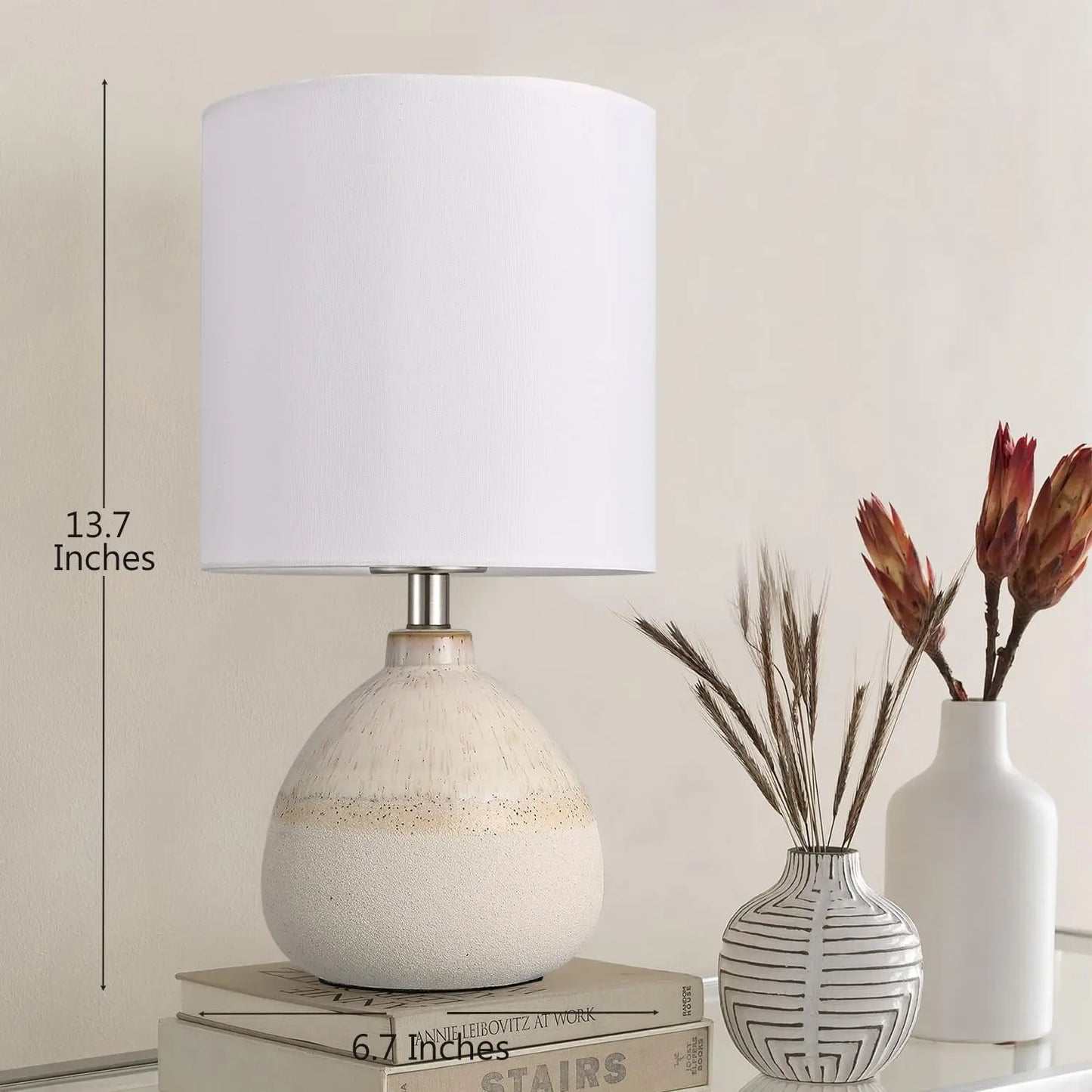 Ceramic Table Lamp Set of 2 for Bedroom, White Farmhouse Lamps with Linen Shade, 13.7IN Nightstand Lights for Living Room