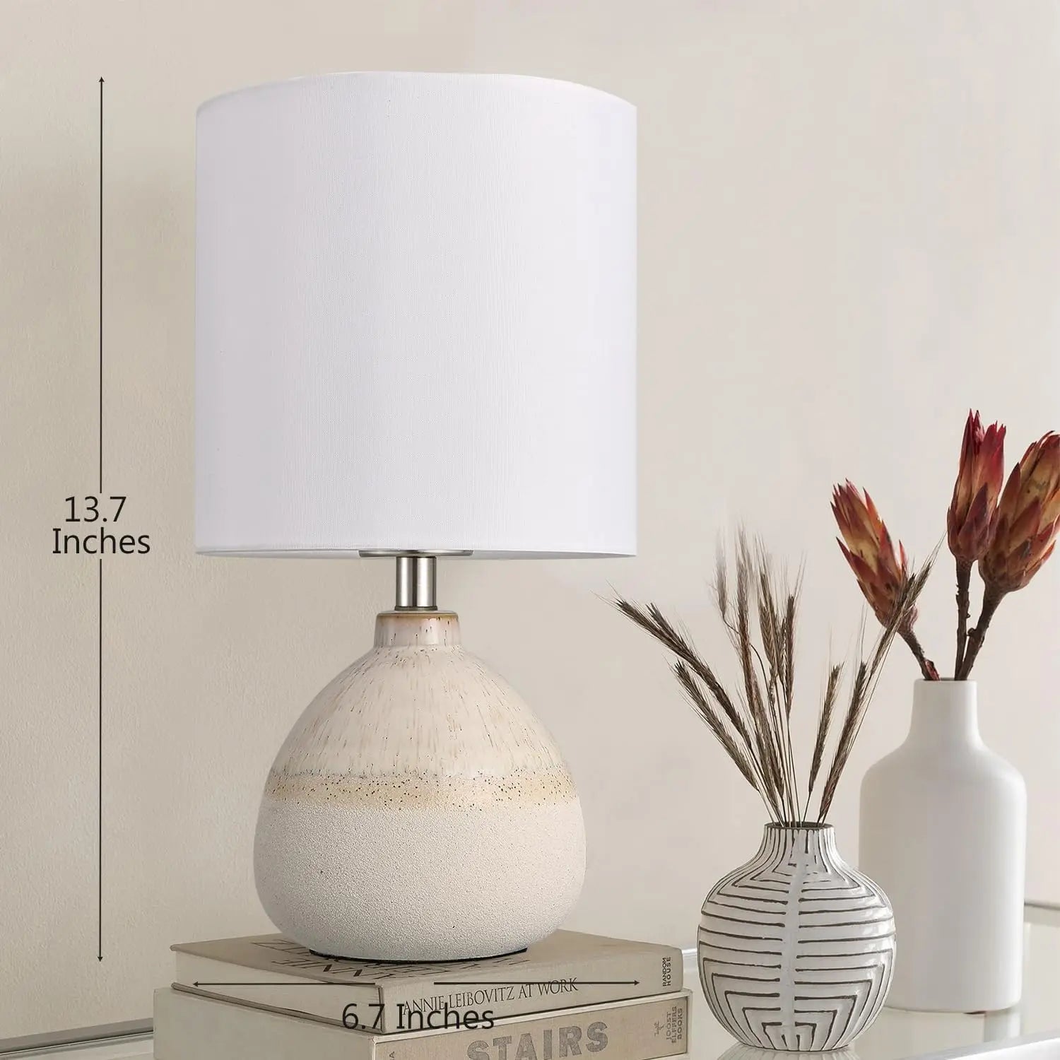 Ceramic Table Lamp Set of 2 for Bedroom, White Farmhouse Lamps with Linen Shade, 13.7IN Nightstand Lights for Living Room