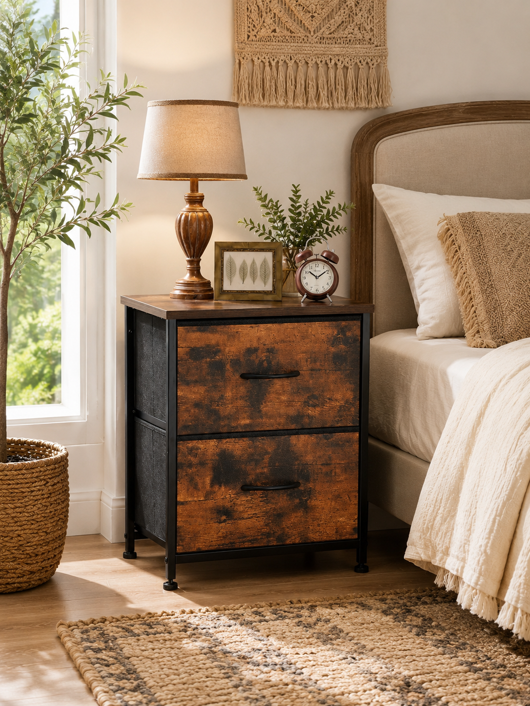 Fabric Nightstand with 2 Drawers - Rustic Wood Top Bedside Table, Modern Accent Table for Bedroom with Sturdy Steel Frame
