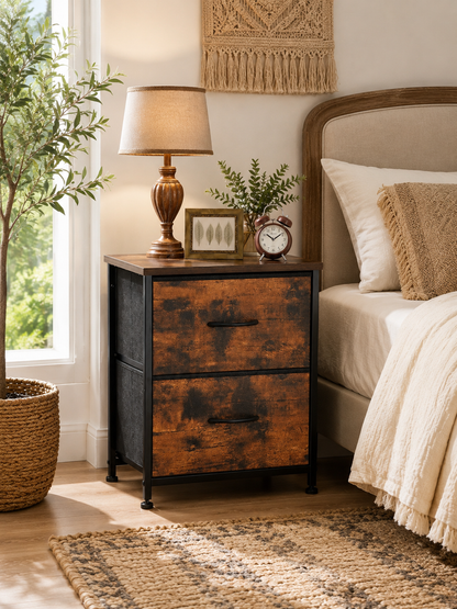 Fabric Nightstand with 2 Drawers - Rustic Wood Top Bedside Table, Modern Accent Table for Bedroom with Sturdy Steel Frame