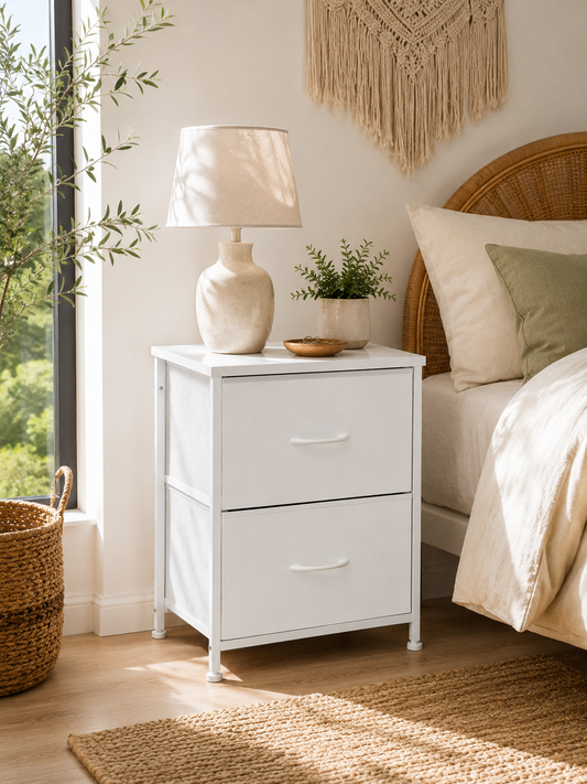Fabric Nightstand with 2 Drawers - Rustic Wood Top Bedside Table, Modern Accent Table for Bedroom with Sturdy Steel Frame