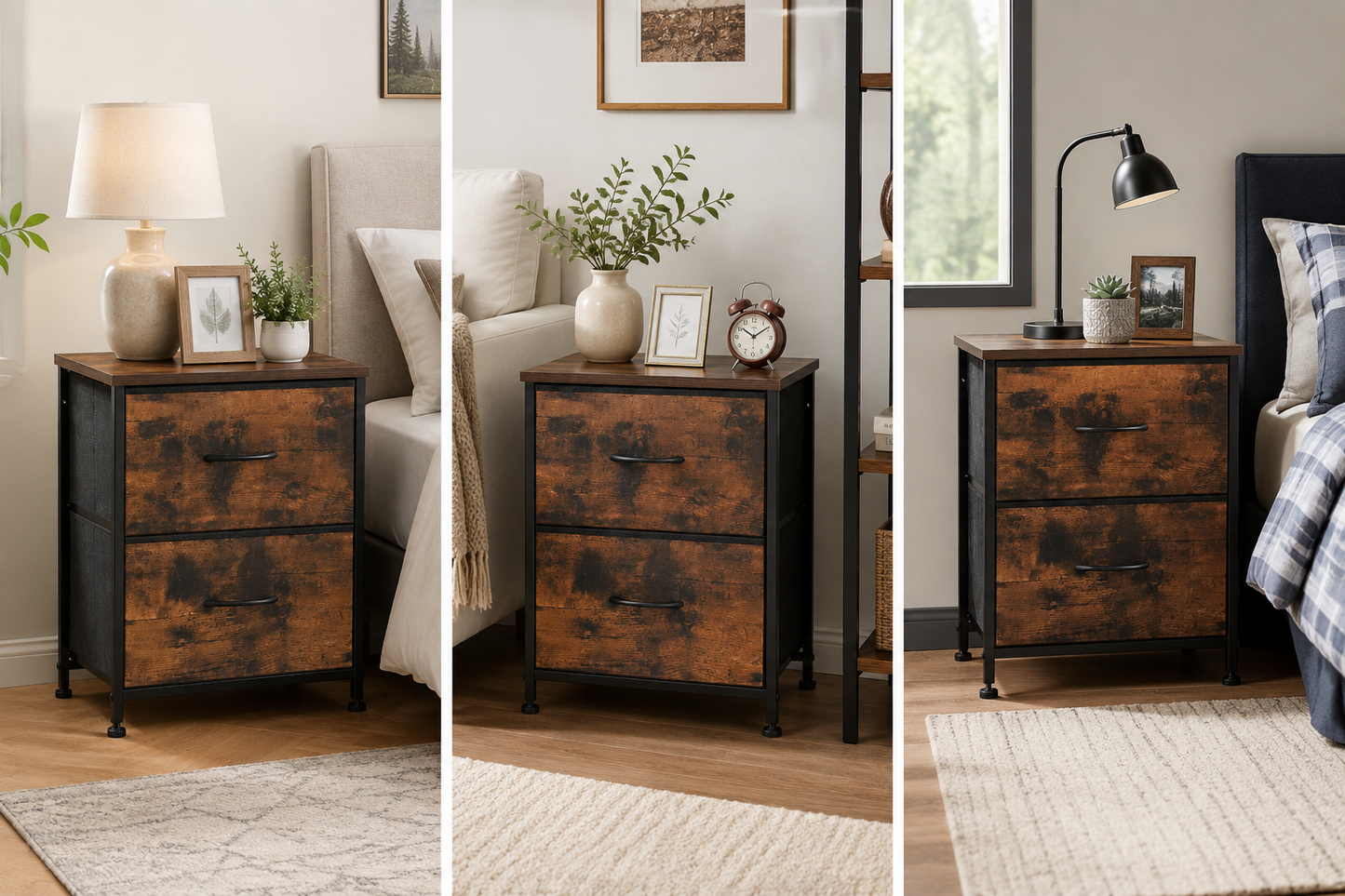 Fabric Nightstand with 2 Drawers - Rustic Wood Top Bedside Table, Modern Accent Table for Bedroom with Sturdy Steel Frame