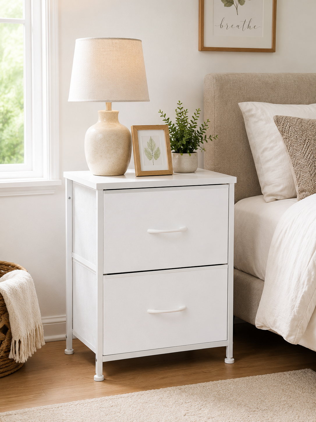 Fabric Nightstand with 2 Drawers - Rustic Wood Top Bedside Table, Modern Accent Table for Bedroom with Sturdy Steel Frame