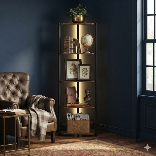 5-Tier Corner Shelf Stand with LED Lights - Industrial Corner Bookshelf, Tall Display Storage Rack with Steel Frame, Rustic Brown