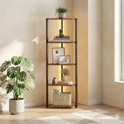 5-Tier Corner Shelf Stand with LED Lights - Industrial Corner Bookshelf, Tall Display Storage Rack with Steel Frame, Rustic Brown